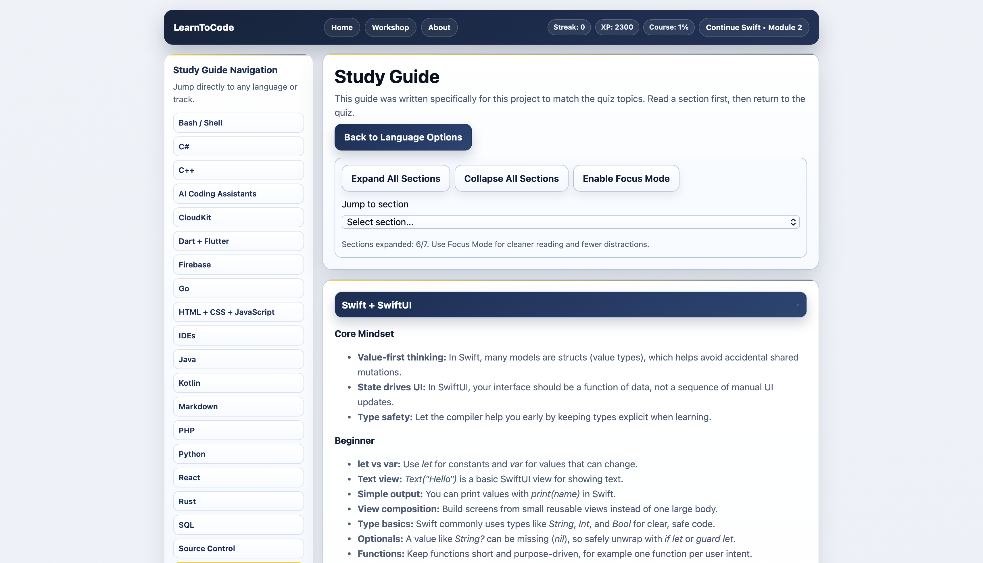 LearnToCode Study Guide navigation