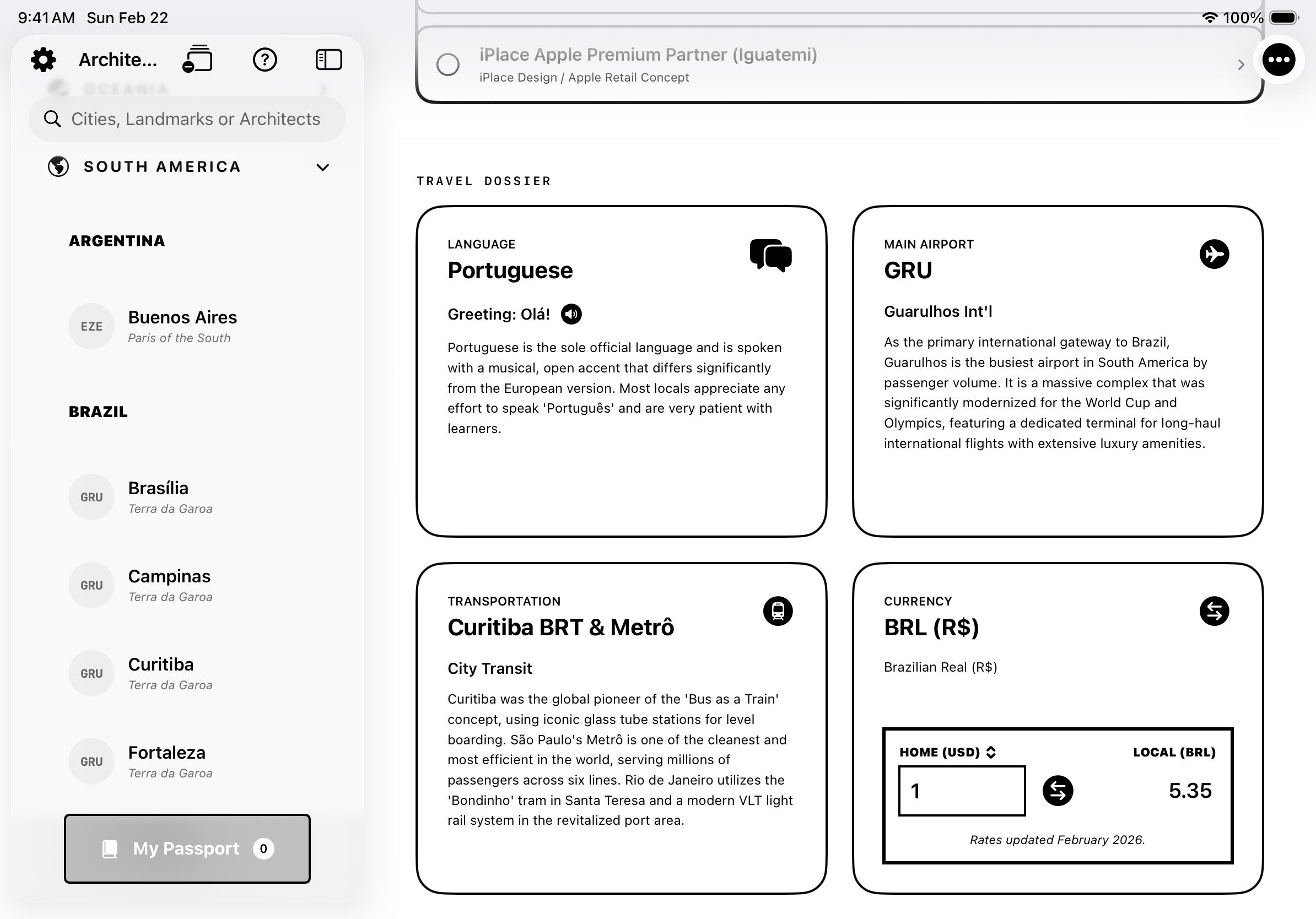 Stamped travel dossier high contrast iPad view